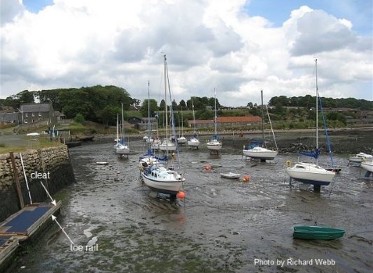 Brucehaven at Low Tide showing toe rail and cleat on pontoon
