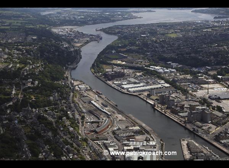 Cork Quays looking down river with visitors pontoon bottom right