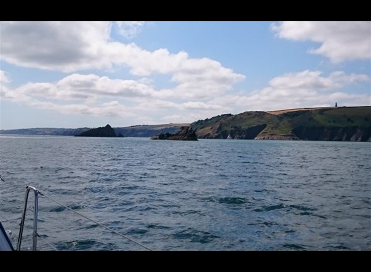 Approaching from the East. Note tower on hillside. Blackstone Rock  closest and Mewstone beyond. Keep outside of both.