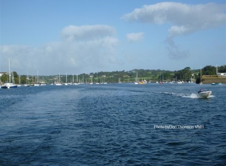 Penryn channel with New Quay on right and Royal Cornwall Moorings left