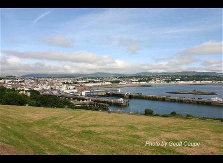 Douglas. front to back; Fort Anne Jetty, King Edward VIII Pier,Victoria Pier, Refuge Tower