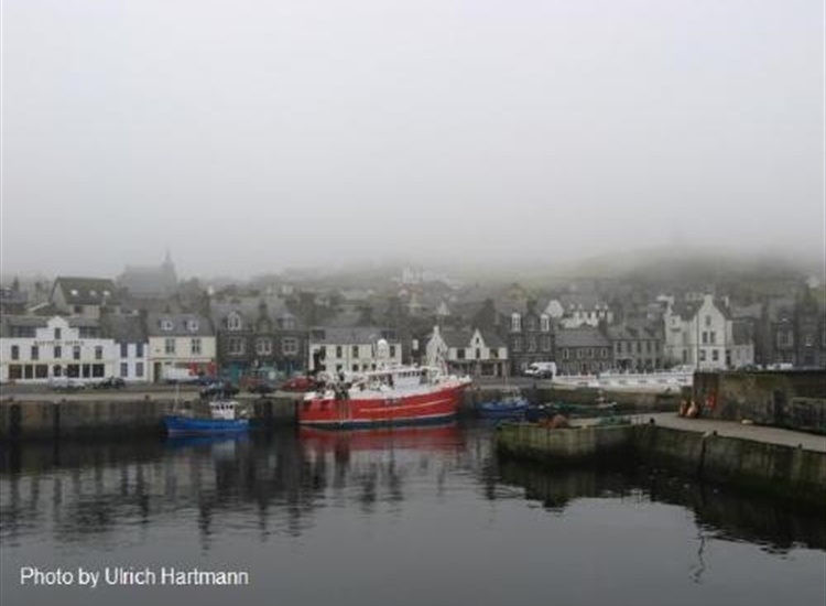 Macduff in the mist from the harbour wall