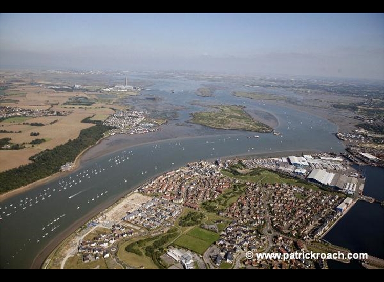 Chatham docks (bottom right) and the view looking East down the Medway over Hoo Island.