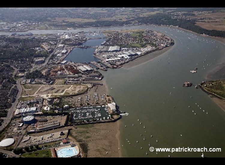 Medway looking East with Gillingham Marina in foreground and Chatham docks just beyond that.