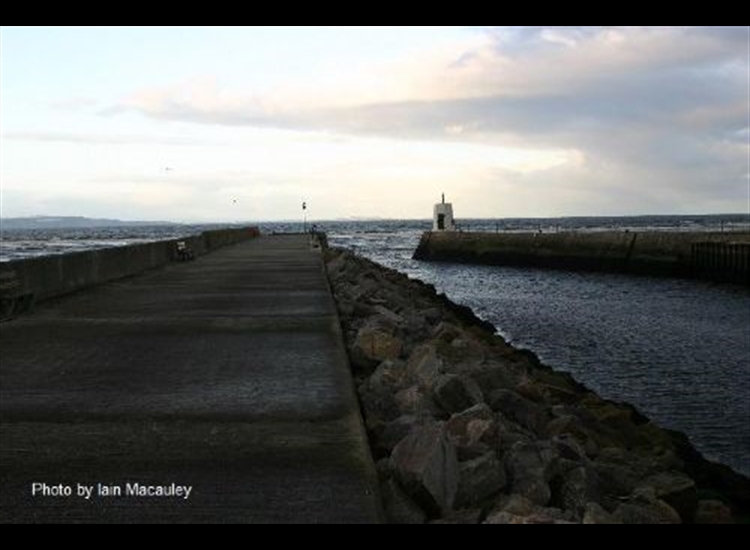 Nairn entrance channel at half tide. Shows shallows outside and deeper channel on East side
