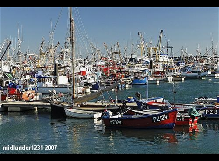 Small vessels on the pontoons and massed trawlers