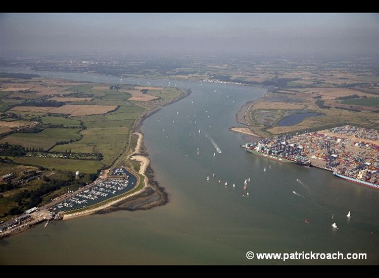 Entrance to the River Orewell with Felixstow on right, Shotley Marina left and Siffolk Yacht Harbour centre distance.