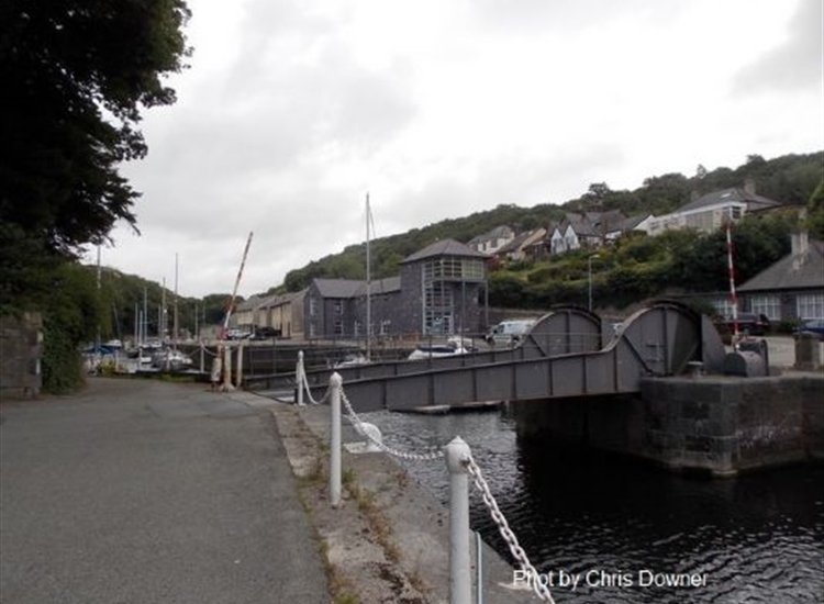 Port Dinorwic Marina looking East over the bascule bridge towards the Marina Offices.