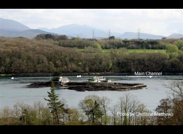 Ynys Gored Goch looking East fro Anglesey. Main Channel is the narrow bit of water on the Eastern side.