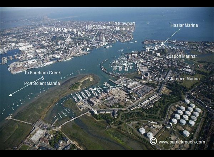 Portsmouth looking SE and showing Dockyard on East side and marinas on the West side