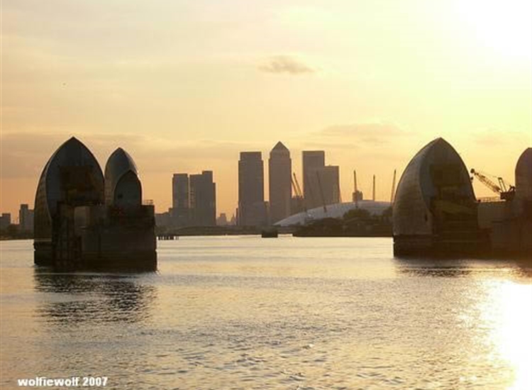 Thames Barrier, looking towards the Dome and Canary Wharf