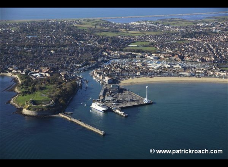 Weymouth with Chesil Beach and Abbotsbury Swannery top of picture